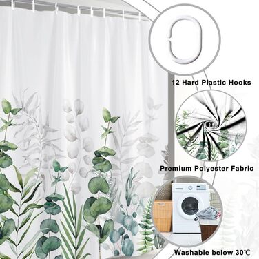 Штора для душу 180x220 см, антигрибкова, з тропічним дизайном (зелені пальмові листя, евкаліпт, гриби), водонепроникна, поліестер, для ванної кімнати, з 12 гачками