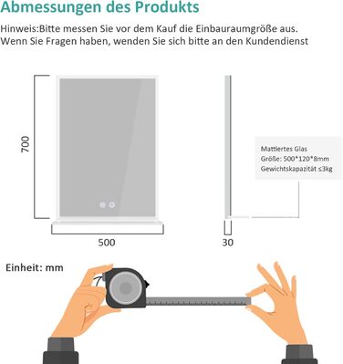 Дзеркало для ванної кімнати EMKE з підсвічуванням 80x60 см, з полицею, антизапар, регульоване холодне біле світло 6500K, сенсорне управління, функція пам'яті