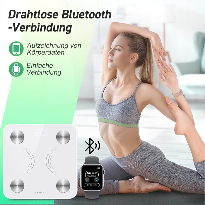 INSMART Розумні ваги для вимірювання тіла з Bluetooth, цифрова вага для людей, аналіз складу тіла: жир, маса м'язів, вода, білок, кісткова маса, ІМТ, BMR, пульс