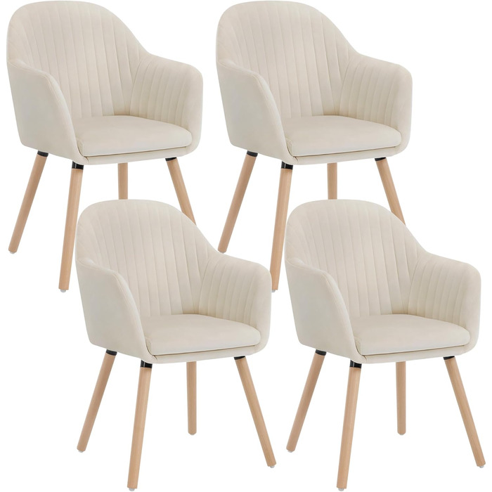 Крісла для їдальні WOLTU, набір 4 шт. - стильні крісла для кухні та вітальні з підлокітниками, м'яке оксамитове покриття, масивне дерево, кремовий колір, висота спинки 95 см