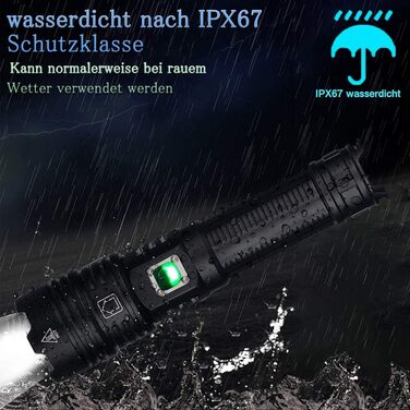 Світлодіодний ліхтарик ASORT USB перезаряджається дуже яскравий 30000LUMEN IPX67 водонепроникний і пилонепроникний перезаряджається масштабований ліхтарик для кемпінгу, піших прогулянок і надзвичайних ситуацій (один безкоштовний світильник COB) (XHP70.2)