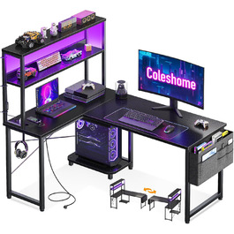 Ігровий стіл Coleshome L-подібної форми з LED-підсвічуванням та розетками, 115 × 80 см. Реверсивний стіл з полицями для зберігання, чорний. Підходить для home office та геймінгу.