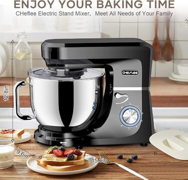 Кухонна машина Cheflee 2000W: потужна планетарна міксер для тіста та збивання, 6 швидкостей, 7.2 л чаша з нержавіючої сталі, гак та вінчик, захист від бризок, чорний