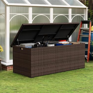 Водонепроникний садовий ящик Amopatio Gartenbox 650л з поліротангу для подушок, металевий з газовими амортизаторами, для саду та балкону, коричневий