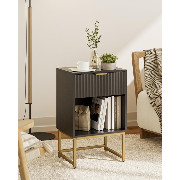 Приліжкова тумбочка з відкритим відділенням, столик для канапи в спальню та вітальню (горіх), (40 x 30 x 60 см, чорне фетрове покриття)