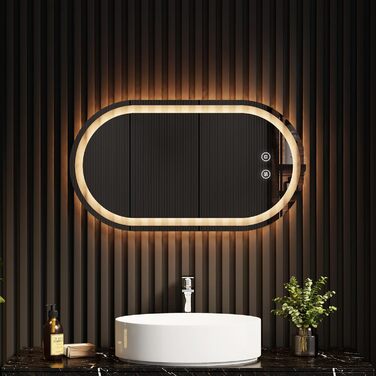Дзеркало для ванної кімнати EMKE з підсвічуванням 50x90 см, овальне, з сенсорним перемикачем, 3 кольори світла, регулювання яскравості, антизапарник, функція пам'яті, автоматичне вимкнення через 3 години