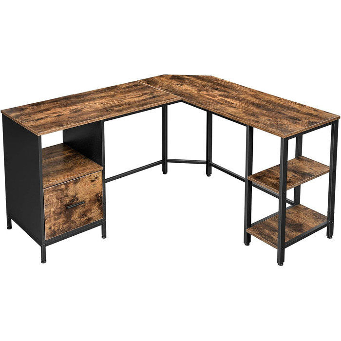 Письмовий стіл, L-подібний комп'ютерний стіл, офісний стіл з шафою та підвісною подачею, 2 полиці, домашній офіс, економія місця, легка збірка, промисловий дизайн, вінтажний коричнево-чорний LWD75X
