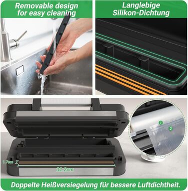 Вакууматор 10-в-1 для продуктів 95 кПа, вакуумний пакувальник з подвійною термозаваркою, вбудованим ножем та відсіком для пакетів, сталевий корпус, комплект з 2 рулонами