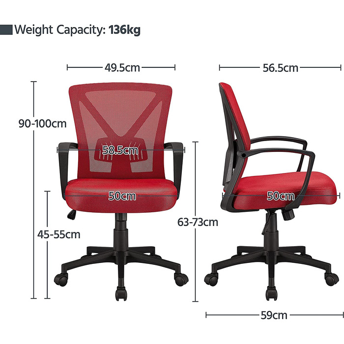 Офісне крісло Yaheetech, робоче крісло, обертове крісло з сітчастою спинкою, комп'ютерне крісло ергономічного дизайну, крісло для керівника з підлокітниками, вантажопідйомність до 136 кг (червоний)