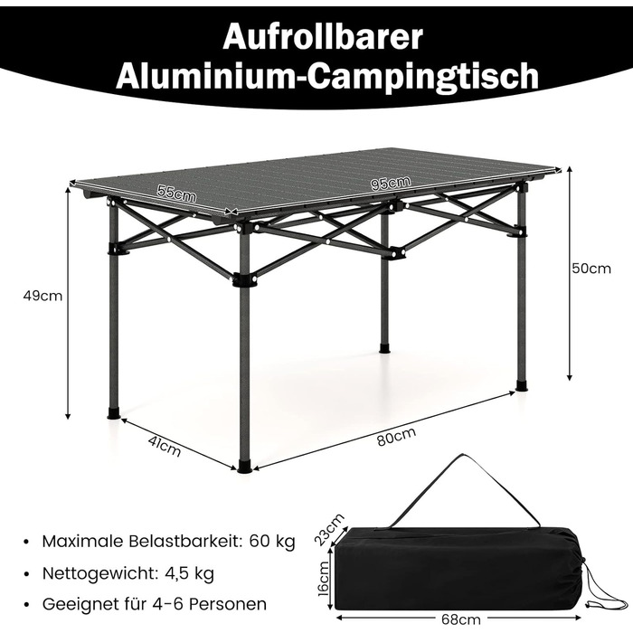 Складний стіл для кемпінгу COSTWAY, розкладний стіл з рулонною стільницею, розкладний стіл Садовий стіл з алюмінієвою стільницею на 4 особи, включаючи сумку для перенесення, 95 x 55 x 50 см, чорний