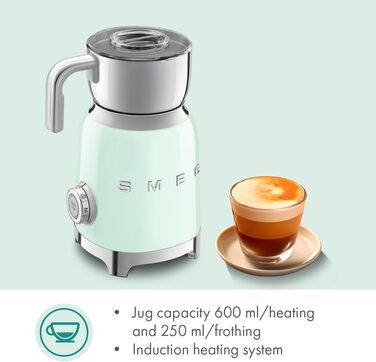 Пінсувальник молока Smeg MFF11PGEU, багатофункціональний, індукційний, 6 програм, ручний режим, скляна колба 600 мл, мірна кришка, вбудований переливання, 500W, пастельно-зелений