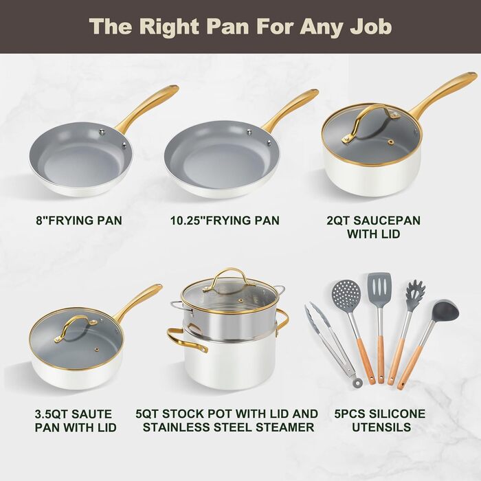 Набір посуду з керамічним покриттям: каструлі та сковорідки з кришками, здоровий, антипригарний (без PFAS, PFOA), для плити, духовки, мийки, бежевий/білий з золотом