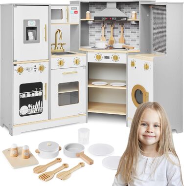 Дитяча дерев'яна кухня Mamabrum XXXL з LED-підсвічуванням та аксесуарами: мікрохвильова піч, посуд, столові прибори. Ігровий набір для дітей 3+