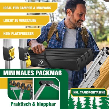 Зручний складаний столик KESSER® для кемпінгу з алюмінієвим каркасом та регулюванням висоти, 90x53 см, до 100 кг, з сумкою та сітчастою кишенею, з імітацією дерева