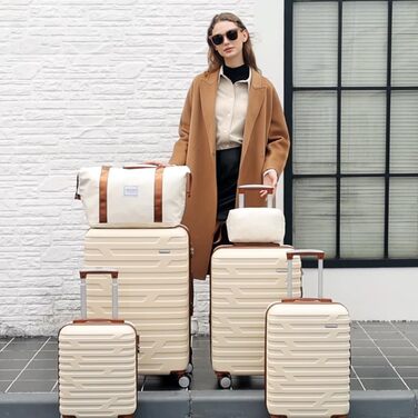 Набір валіз LARVENDER 6 шт. з твердим корпусом, легкий ABS, розширюваний, з TSA-замком, ручна поклажа, з сумкою та косметичкою, білий/коричневий