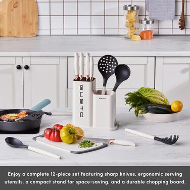 Набір ножів Karaca Gusto 12 предметів з дерев'яною підставкою та кухонними аксесуарами, з нержавіючої сталі, ергономічні ручки, кремовий колір