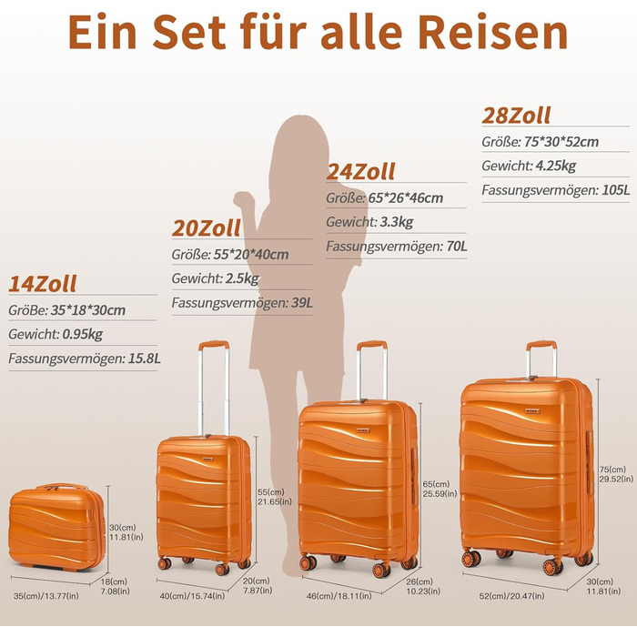Набір валіз KONO 2 шт: ручна валіза-тележка 55 см + косметичка з поліпропілену, колір помаранчевий