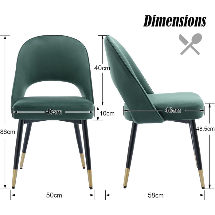 Набір з 2 м'яких крісел з велюру для вітальні та кухні. Сучасний дизайн, без підлокітників, металеві ніжки. 2 шт. (4 шт., зелений)