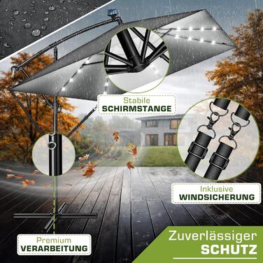 Прямокутна алюмінієва сонячна парасолька tillvex® 330 см з LED-підсвіткою, ручкою та чохлом, антрацит — підвісна садова парасолька з захистом від UV та вітру