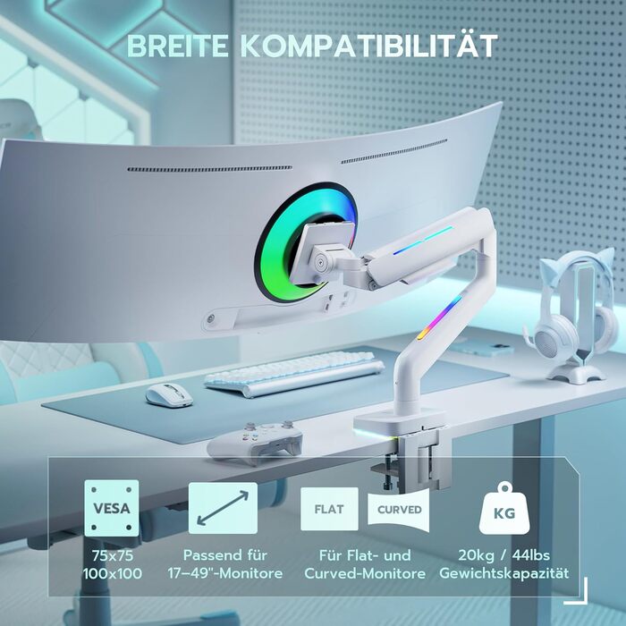 Кріплення для монітора ARES WING Ergonomic RGB, 17-49 дюймів, регульоване по висоті, поворотне, нахильне, RGB LED (білий)