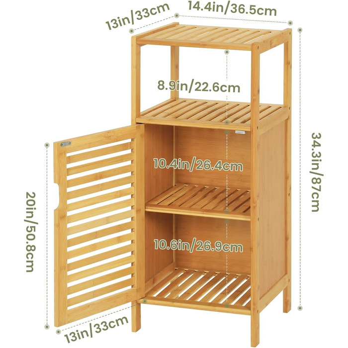 Тумба для ванної бамбук з 3 полицями, жалюзійні двері, для передпокою, вітальні, кухні (36,5x33x87 см)
