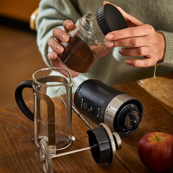 Електрична кавомолка Tchibo з керамічним жорном, регульований помел, срібна (з акумулятором)