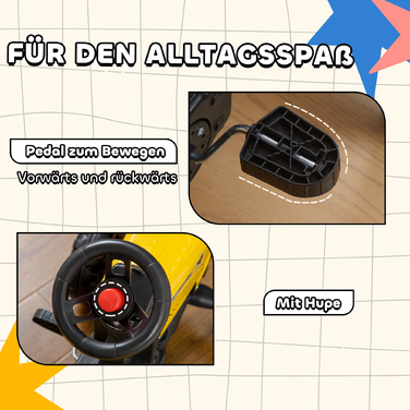 Трактор Trettraktor з причепом, інструментами, гудком, для дітей від 3 років, металевий каркас, чорно-жовтий, 133 x 42 x 51 см