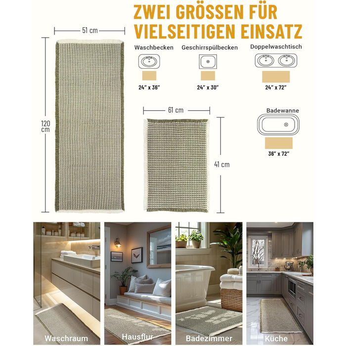 Набір килимків для ванної кімнати: антиковзаючі килимки, набір 2 шт., бохо-стиль, для ванної, спальні, вітальні, 51 x 120 см + 41 x 61 см, коричнево-білий (зелено-білий)