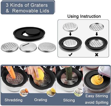 Набір місок для перемішування HAPPY KIT 18/8 з кришкою, 2 шт. (3QT, чорний). З нержавіючої сталі, з виливом, антиковзким дном та насадками для тертя.