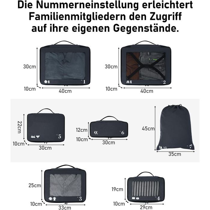 Набір органайзерів для подорожей ECOHUB для валізи, 7 предметів, екологічні пакувальні куби з переробленого PET, темно-синій