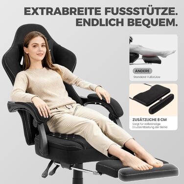 Ігровий крісло Dowinx з тканинною оббивкою, гелевою подушкою та пружинним блоком, ергономічний офісний крісло з підніжкою, масажний ігровий крісло для дорослих (Чорний)