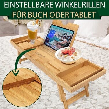 Підставка для ванни та ліжка SereneLife 2-в-1 – складане піднос для сніданку в ліжку та у ванній з бамбука, вологостійкий, регульований розмір, дерев'яна підставка для ванни, міцна спинка
