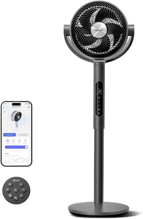 Вентилятор Levoit з DC мотором, тихий (20dB), дальність обдування 30м, 2465 м³/год, з пультом керування, 4 режими, 12 швидкостей, таймер 12 годин, білий (Smart, сірий)