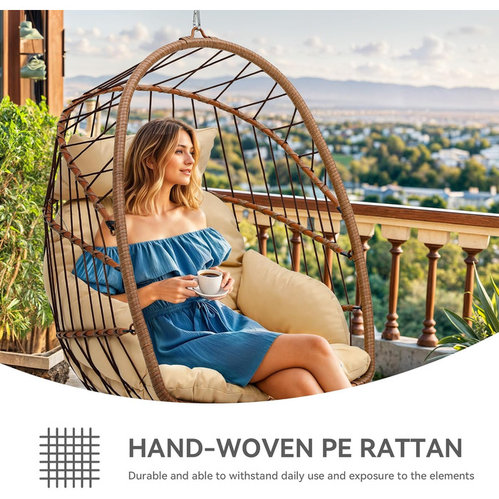 Крісло-гойдалка YITAHOME для тераси, саду, вітальні. Міцний ротанг, 150 кг, з подушками (105x74x72 см)
