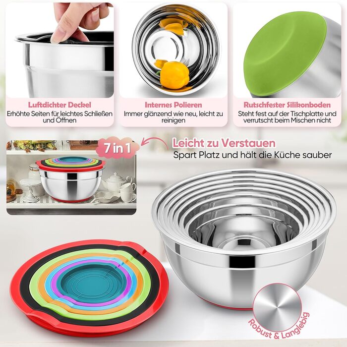 Набір мисок HaWare 7 шт. з нержавіючої сталі з кришками, 6.5-0.7л, кольорові, з силіконовим дном