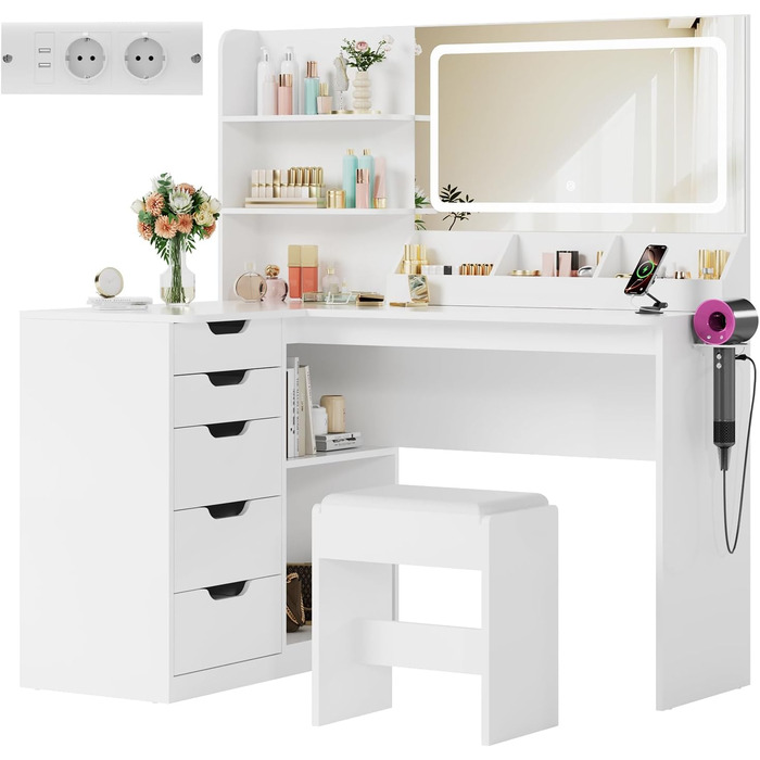 Дзеркальний столик для макіяжу Devoko з LED-підсвічуванням та пуфом, кутовий туалетний столик з розеткою, 5 ящиків, відкриті полиці, тримач для фену, для спальні (білий)