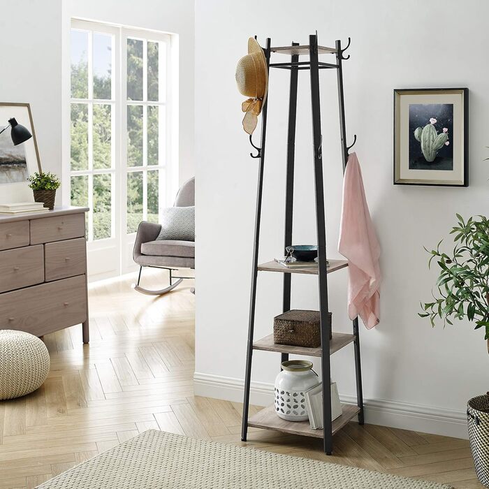 Стійка для одягу VASAGLE з 8 гачками, 4 полицями та вішалкою, металевий каркас, для шалей, курток, сумок, для прихожого, золотий дуб + білий колір (Greige Meliert + Tintenschwarz)