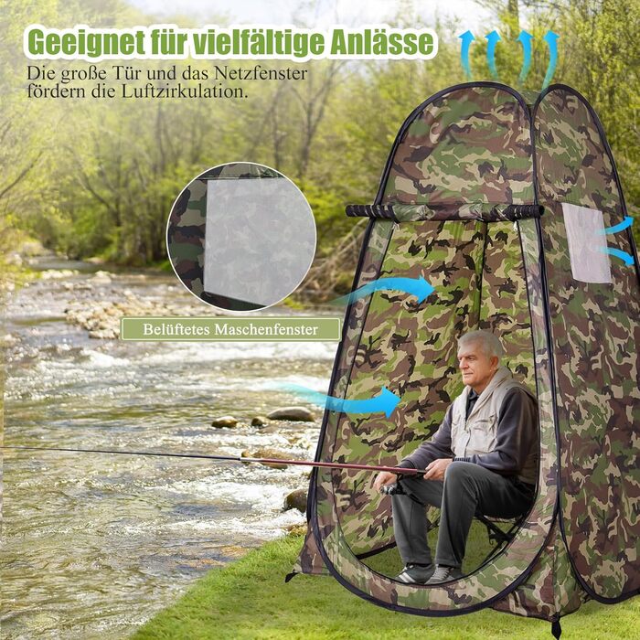 Намет для душу GYMAX, 120x120x190 см, для кемпінгу, відпочинку на природі, з сумкою, зелений (Flecktarn)