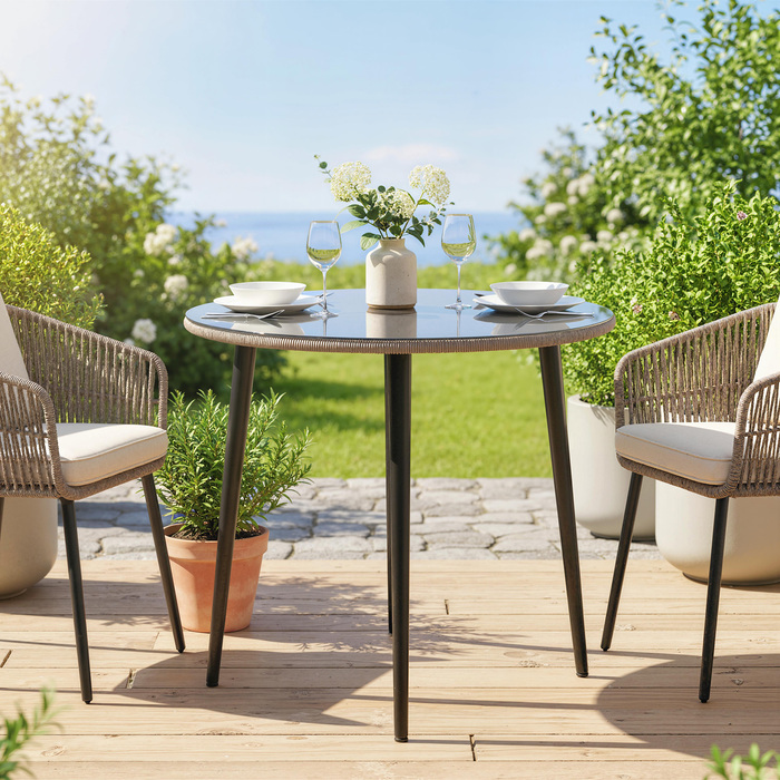 Садовий стіл зі сталі, буфет-стіл зі сталевим каркасом, обплетенням з PE-ротангу, регульованими ніжками, на 4 особи, 80 x 80 x 74 см, сірий