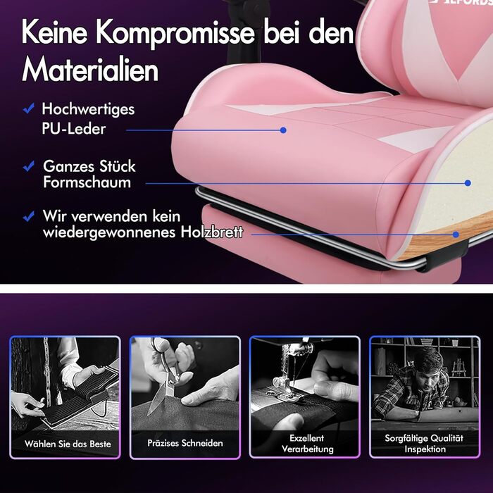 Ігровий крісло Alfordson з регульованою підніжкою, 8 точками масажу, нахилом 150°, PU-шкіра, чорний (Eryx - Рожевий, серія Eryx)