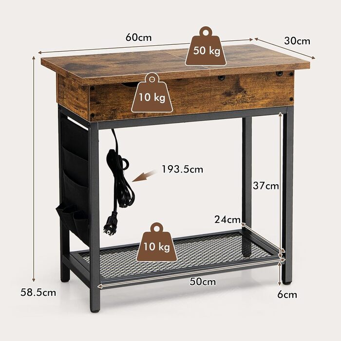 Приставний столик Giantex із зарядною станцією, 2 порти USB 5 В/2 А та штекер живлення, відкидний лоток, тканинна сумка, промислова кришка дивана для вітальні, спальні, сільський коричневий