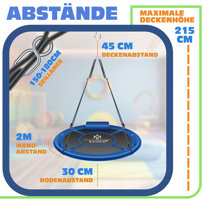 Шоукель KESSER® Nestschaukel (120см) - гніздова, підвісна, для дітей та дорослих, до 300кг, з подушкою та ручками, Indoor/Outdoor, блакитна
