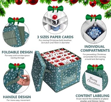 Коробка для зберігання новорічних прикрас, 166 відділень, з регульованими перегородками, кришкою та ручками, 31x31x30 см, червона, принт сніжинки, білий фон