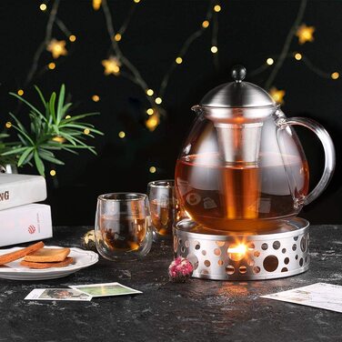 Скляний скляний Срібний чайник з нержавіючої сталі об'ємом 1500 мл з 18/8 чайним ситечком з боросилікатного скла, скляний чайник для заварки чаю, підходить для підігріву чаю