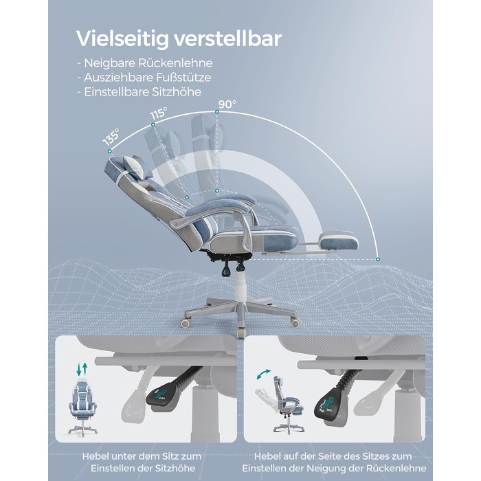 Офісне крісло SONGMICS, ігрове крісло, регульоване, підставка для ніг, механізм гойдання, упор для голови та попереку, 150 кг