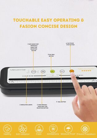Вакууматор MegaWise — потужний компактний вакуумний пакувальник для продуктів з автоматичним режимом One-Touch, сріблястий