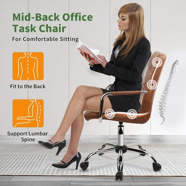 Офісний крісло Clatina з шкіри, на колесах, ергономічний, з середньою спинкою та підлокітниками, поворотне, регульоване по висоті, для дому, кабінету, 160 кг (Колір: Коричневий, Комплект: 4 шт.)