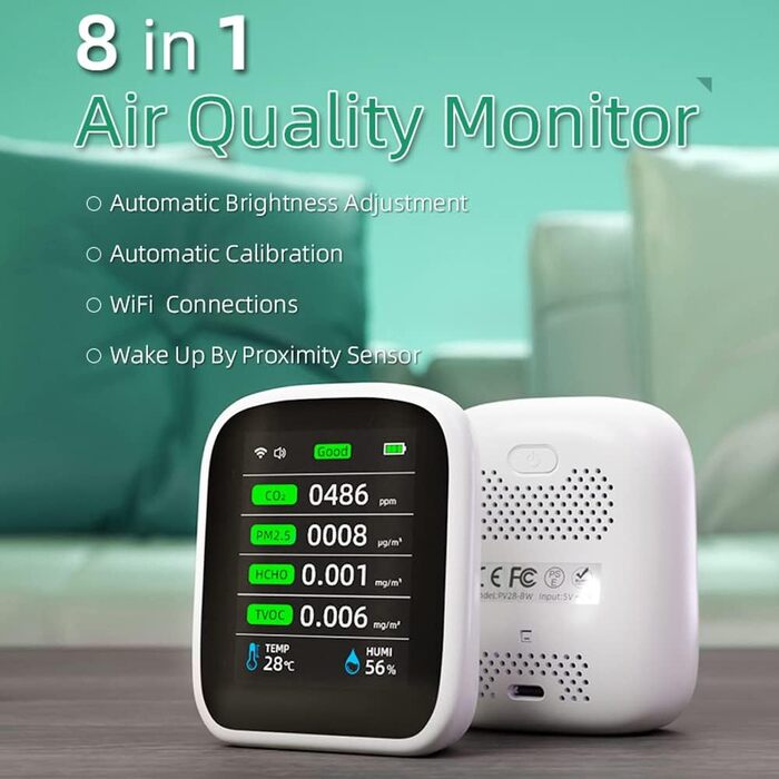 Портативний тестер якості повітря Irfora Tuya WiFi 8 в 1: PM1.0, PM2.5, PM10, CO2, TVOC, HCHO, температура, вологість, LCD-дисплей