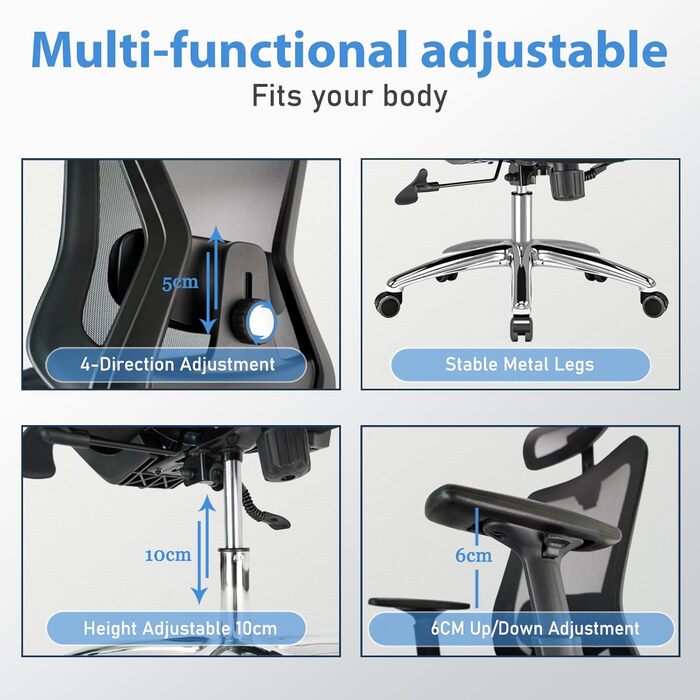 Ергономічне крісло для офісу з підголівником та підтримкою попереку, регульовані підлокітники та висота, поворотне крісло з регулюванням нахилу 90°-130° (фіксація), вантажопідйомність до 150 кг