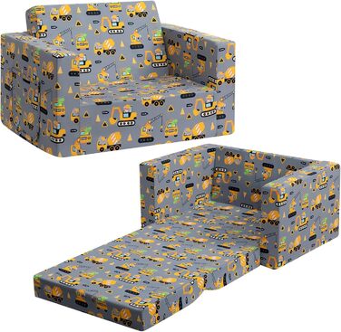 Дитяче диван-ліжко BEJOY 2 в 1: диванчик та крісло, Sherpa, сірий з машинками для дитячої кімнати, подарунок